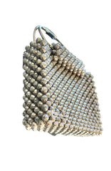 Handmade Silver Pearl Beaded Bag with Silver Metal Handles